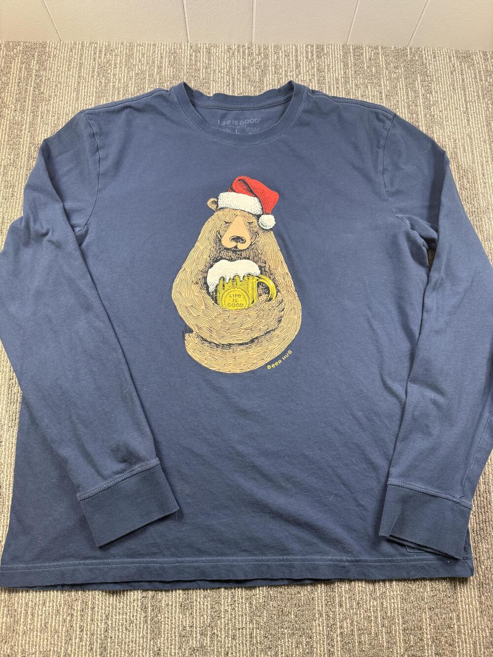 Life Is Good Shirt Mens Large Blue Long Sleeve Crusher Bear Christmas Beer Tee